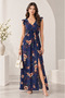 Women's Short Sleeve V-Neck Slit Detail Floral Patterned Long Dress