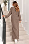 Ribbed Knitwear Dress with Zipper on the Collar K3067 Mink - 3