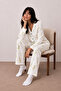 Women's Long Sleeve Buttoned Bottom Top Sleepwear Ecru Pajama Set - 3