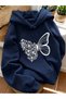 Unisex Navy Blue White Floral Butterfly Printed Hooded Sweatshirt Printed Premium Oversize T-Shirt
