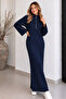 Ribbed Knitwear Dress with Zipper on the Collar K3067 Navy Blue - 3