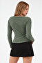 Women's Khaki Fitted Plain Boat Neck Blouse - 3