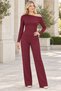 Women's Boat Neck Long Sleeve Off-Shoulder Lycra Stretch Top and Elastic Waist with Pockets Wide Leg Lycra Stretch Pants Burgundy Two-Piece Set - 4