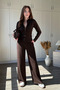 Belt Detailed Zippered Modal Wide Leg Brown Trousers Set - 6