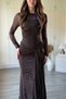 Long Sleeve Glittery Floral Embroidered Transparent Detailed Belted Front Brown Maxi Tulle Dress - 7