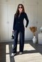 Belt Detailed Zippered Modal Wide Leg Navy Blue Trousers Set - 2