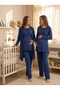 Navy blue robe maternity pajama set - cotton, double-breasted nursing collar, ruffle detailed 3-piece pregnancy set - 4