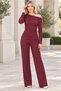 Women's Boat Neck Long Sleeve Off-Shoulder Lycra Stretch Top and Elastic Waist with Pockets Wide Leg Lycra Stretch Pants Burgundy Two-Piece Set - 7