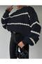Women's Black and White Striped Diamond Pattern Knit Sweater - 2