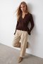 Women's Brown Crew Neck Asymmetrical Valon Knitwear Cardigan Alc-X15773 - 2