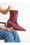 Bega Women's Burgundy Stretch Leather Pointed Toe Zippered 6 cm Thick Heeled Boots Bootie