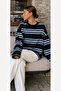 Women's Black Blue White Striped Crew Neck Oversize Sweatshirt
