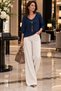 Women's V-Neck Three-Quarter Sleeve Loose Mercerized Knitwear Blouse with Pendant Detail - 4