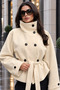 Women's Ecru Cashmere Coat with Stand Collar and Belted Double-Breasted Jacket - 2