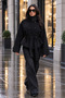 Women's Black Cashmere Coat with Stand Collar and Belted Double-Breasted Jacket - 3