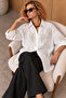 White Bead Embroidered Oversize Loose Cotton Viscose Shirt - 5