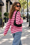 Women's Long Sleeve Oversize Crew Neck Striped T-Shirt Pink 100% Cotton - 8