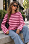 Women's Long Sleeve Oversize Crew Neck Striped T-Shirt Pink 100% Cotton - 7