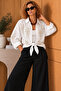 White Bead Embroidered Oversize Loose Cotton Viscose Shirt - 3