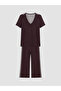 Ozmarka New Season Brown V-Neck Patterned Women's Pajama Set - 8