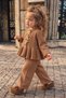 Ruffled Knitwear with Bow and Stone Button Detail for Girls, 2-Piece Set - Brown