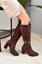 Women's Paris Toaka Detailed Brown Suede Side Zipper Below the Knee Boots 410