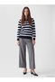 Seray New Season Blue Polo Collar Striped Women's Knitwear Sweater - 2