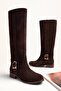 Eli̇z Model Genuine Leather Brown Suede Side Buckle Thick Heel Women's Daily Boots - 2