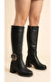 Women's Leather Look Large Buckle Detailed Zippered Thick Heeled Below the Knee Boots