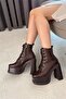 Women's Simya Brown Lace-Up Detailed 12 cm Platform Heeled Zippered Boots - 4