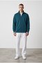 Men's Stand Collar Zippered Sweatshirt Petrol Blue Basic Sports Top with Pockets - 2
