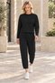 Women's Round Neck Textured Off-Shoulder Sweatshirt and Ankle-Length Pants Set Elastic Waist Lycra Stretchy Pockets Sporty Stylish Two-Piece Combination Black