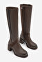 Women's Round Toe Thick Heeled Elastic Suede Detailed Boots Voleris Brown - 5