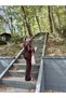 Women's Brown Padded Back Tie Long Sleeve Blouse High Waist Pants Set - 4