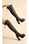 Women's Leather Look Platform Sole Thick Heeled Long Boots - 4