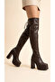 Women's Leather Look Platform Sole Thick Heeled Long Boots - 3