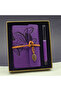 3-Piece Leather Notebook and Metal Roller Pen Set – Purple Leaf Pattern Leather Notebook, Gift Boxed with Feathered Case, Metal Roller Pen Notebook - 2