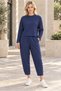 Women's Round Neck Textured Off-Shoulder Sweatshirt and Ankle-Length Pants Set Elastic Waist Lycra Flexible Pockets Sporty Stylish Two-Piece Combination Navy Blue