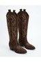 Brown Suede Embroidered Western Style Long Boots - 6