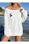 Women's White Cherry Printed Boat Neck Sweatshirt - 2