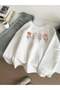 Women's White Minimal Floral Printed Oversize Crew Neck Sweatshirt