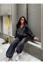 Women's Black Zippered Stripe Detailed Top and Bottom Set - 4