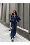 Women's Navy Blue Zippered Stripe Detailed Top and Bottom Set - 4