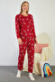 Polka Dot and Heart Patterned Crew Neck Suede Pajama Set - 5