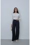 Elastic Waist Draped Wide Leg Trousers Navy Blue - 3