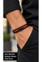 Delsoran Rustbead Black Leather Men's Bracelet - Three Rows with Red Orange Beads