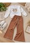 Girl's 100% cotton seasonal tracksuit set - brown wide leg stylish outfit, lace-up relaxed fit, ecru color sweatshirt casual sportswear set, trendy style. - 2