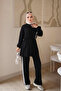 Black Elastic Waist Striped Tunic Pants Set - 2