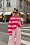 Women's Thick Red Pink Striped Crew Neck Oversize Sweatshirt - 2
