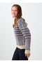 Ecru Houndstooth Patterned Crew Neck Knit Sweater